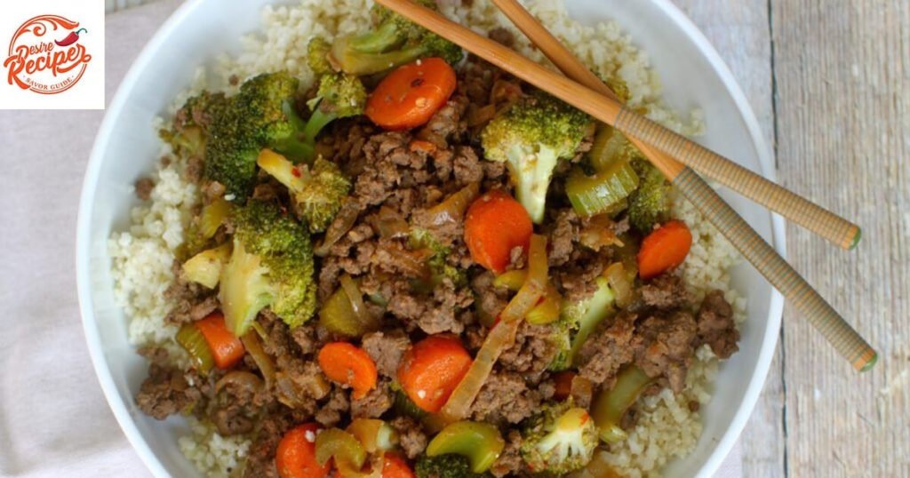 Easy Ground Beef Recipe served in a bowl with vegetables and spoon