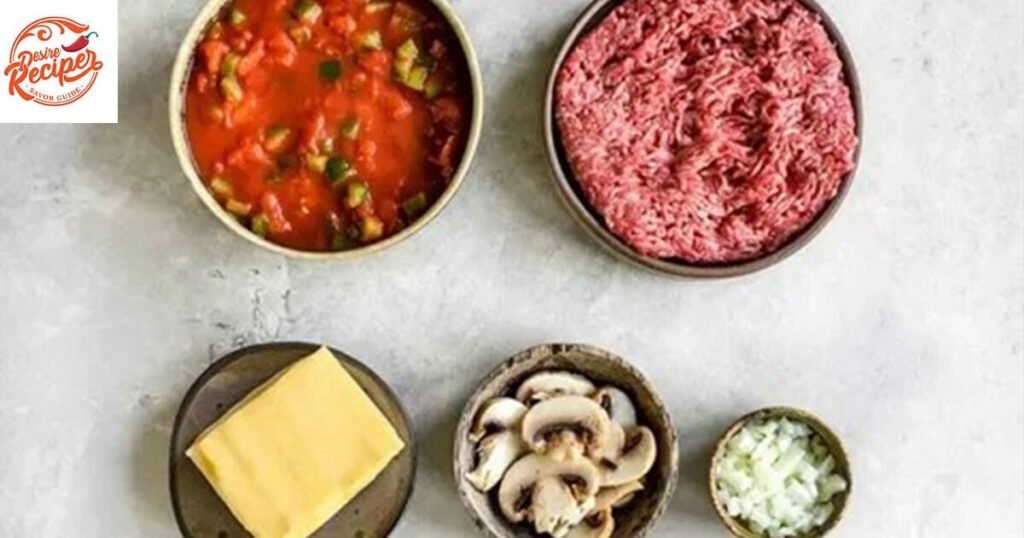 Easy Ground Beef Recipe raw ingredients including beef, onion, tomato, and spices