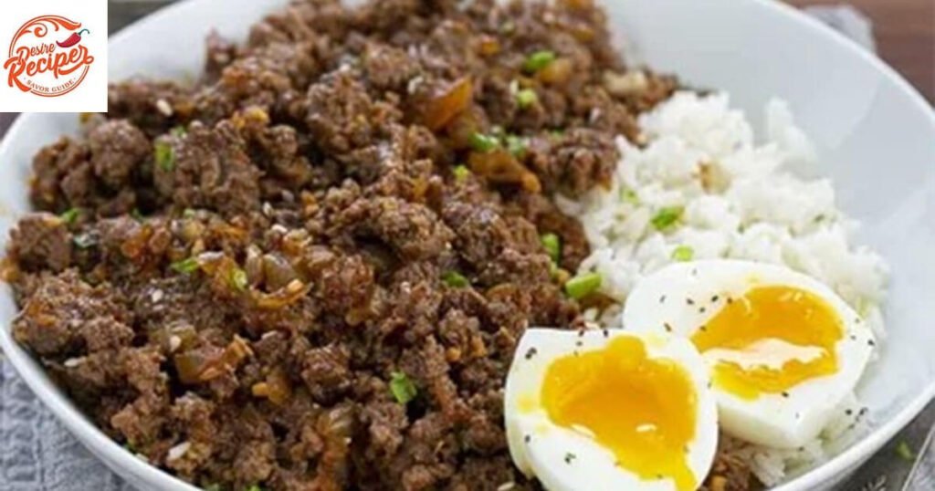 Easy Ground Beef Recipe with rice, cooked beef, and boiled eggs